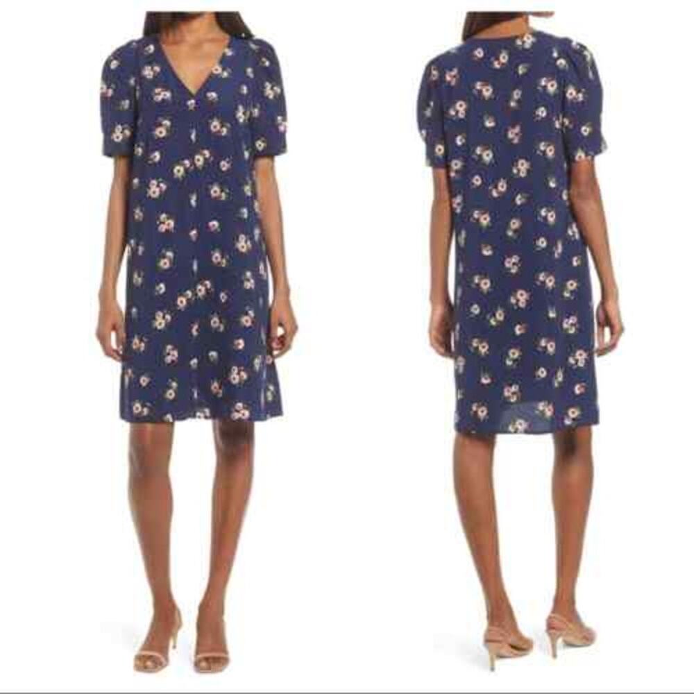 Chelsea28 Floral Puff Sleeve V-Neck Navy‎ Shift Dress Size Large